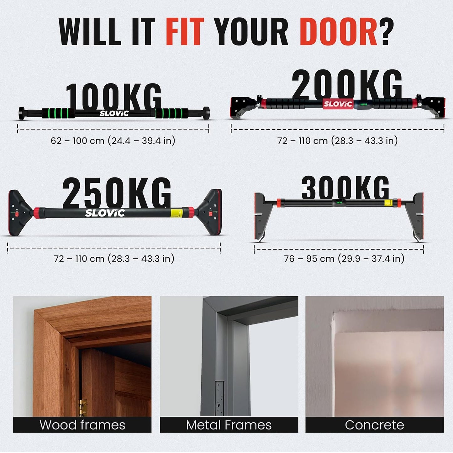 Slovic Pull up Bar for Home for Kids & Adults [100 KG] | Pull up Bar Wall Mounted with Anti-Skid Grip | No-Drill Installation Pull-up Bars for Home Workout | Gym Equipment for Home Workout (62-100 CM)