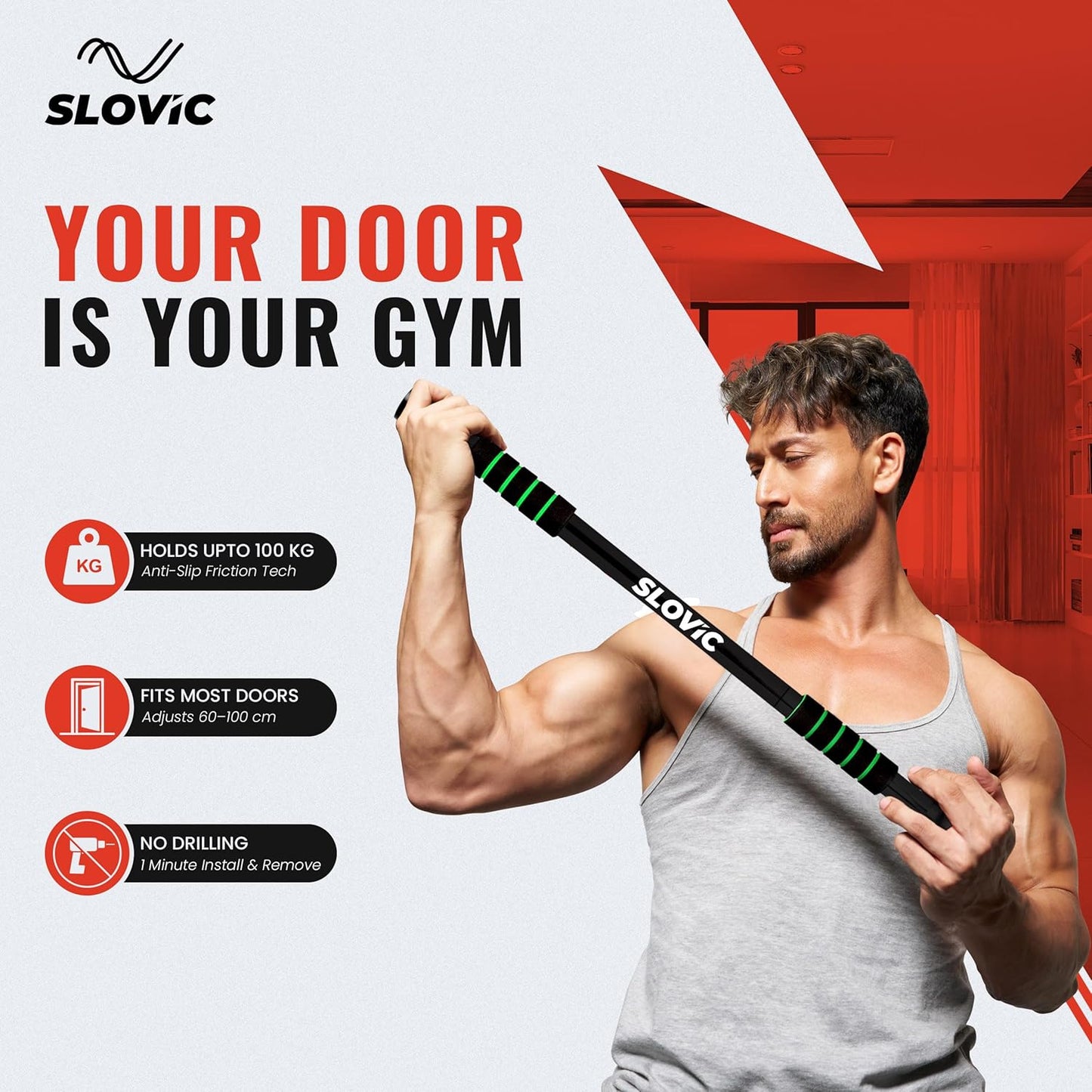 Slovic Pull up Bar for Home for Kids & Adults [100 KG] | Pull up Bar Wall Mounted with Anti-Skid Grip | No-Drill Installation Pull-up Bars for Home Workout | Gym Equipment for Home Workout (62-100 CM)